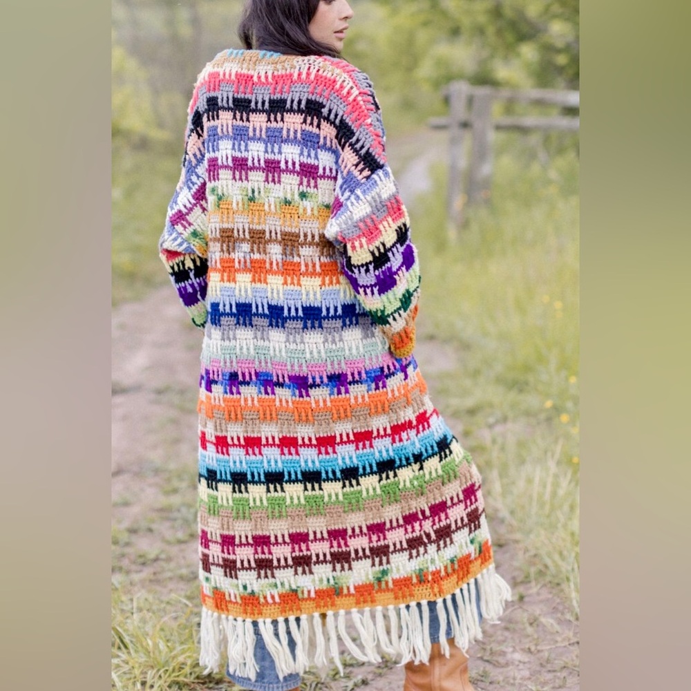 Handmade from Vintage Afghan Knit Blanket Long Colorful “Big Sky” Duster
